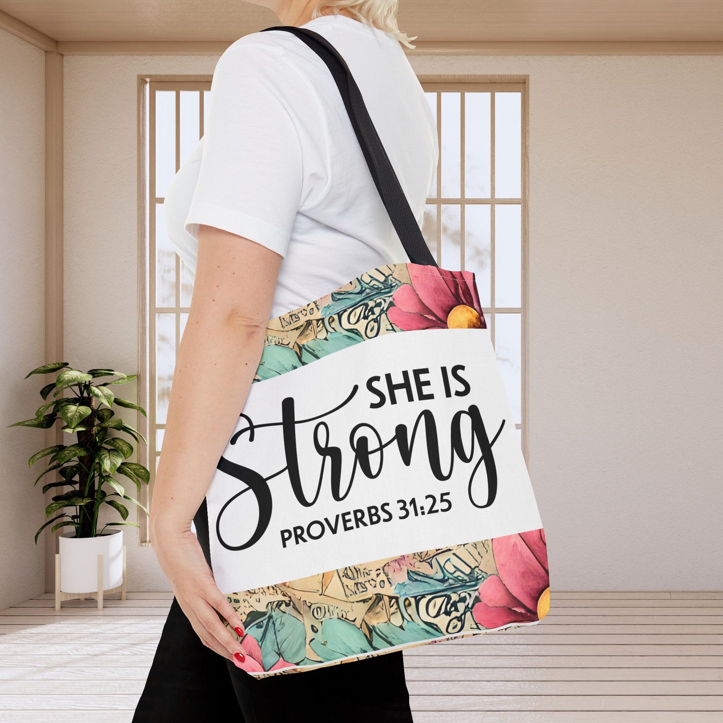She Is Strong floral Print Travel designer bag – Proverbs 31:25 | Bold Faith, Everyday Style Double sided print