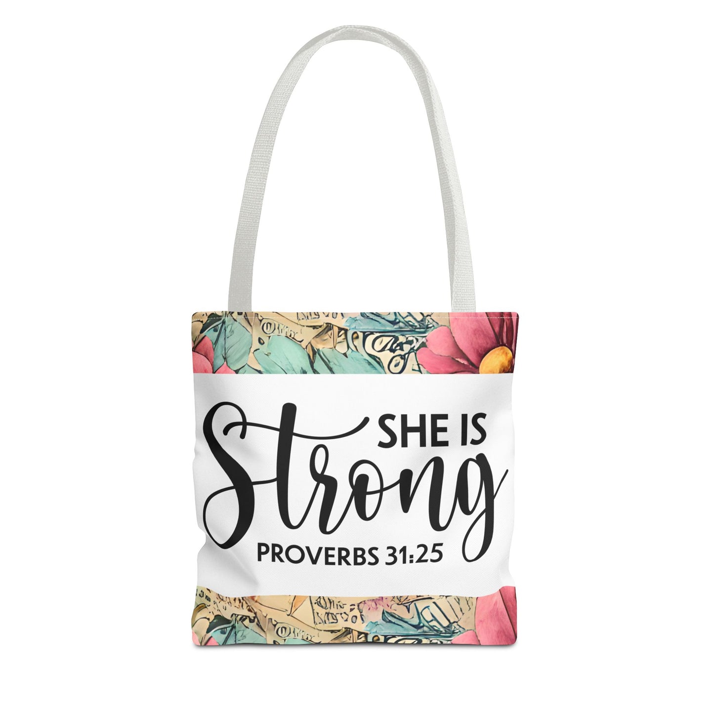 She Is Strong floral Print Travel designer bag – Proverbs 31:25 | Bold Faith, Everyday Style Double sided print