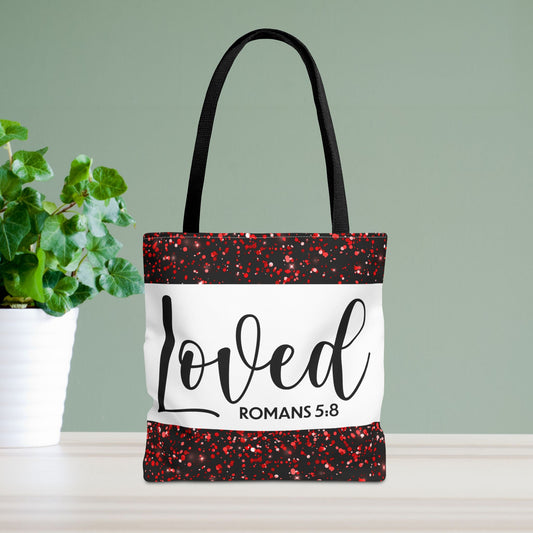 Loved Designer Travel Bag – Romans 5:8 | Inspirational Christian Bag Celebrating Unconditional Love" Loved romans 5:8 designer travel bag