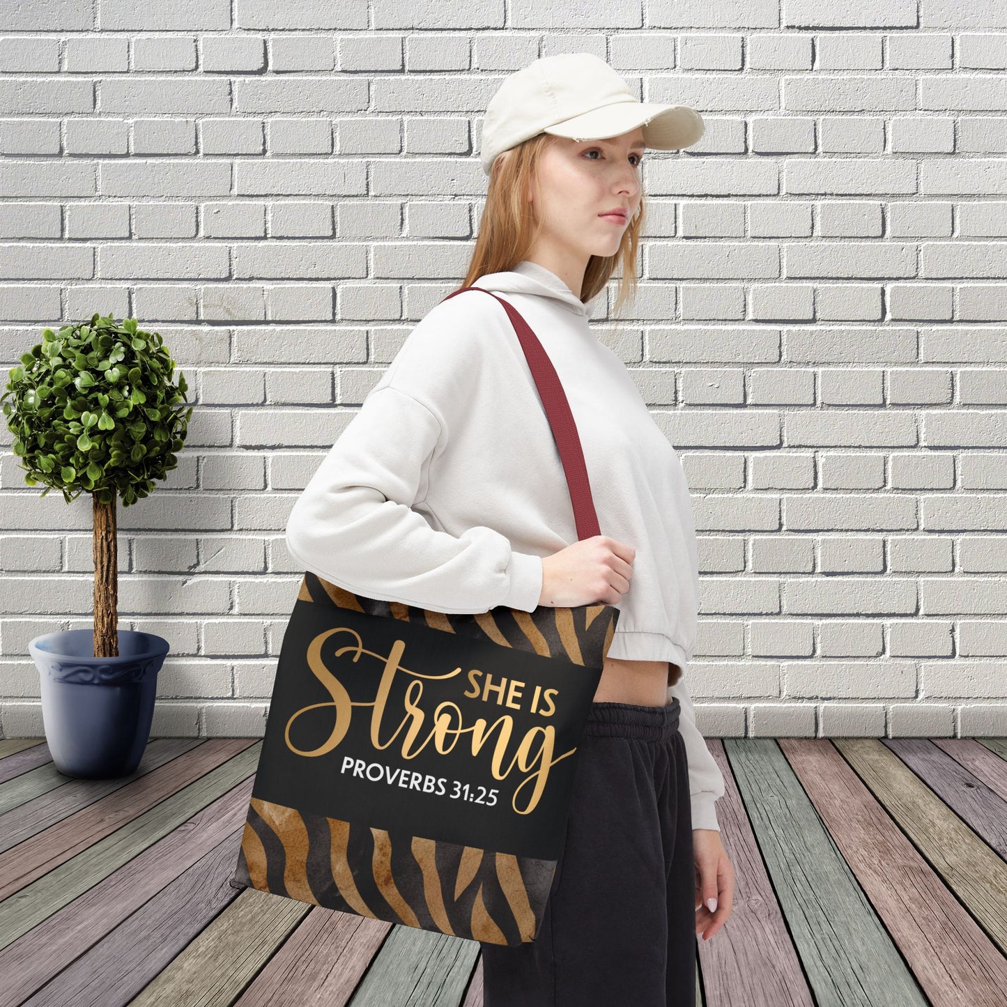She is Strong Leopard Print Travel Bag | Inspirational Proverbs 31:25 Inspired Designer Travel Bag for Faith-Filled Living Double sided print and Everyday Encouragement