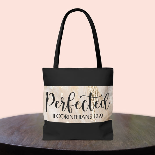 Perfect in Weakness – 2 Corinthians 12:9 Inspirational Scripture Travel Tote Bag (Double-sided print)