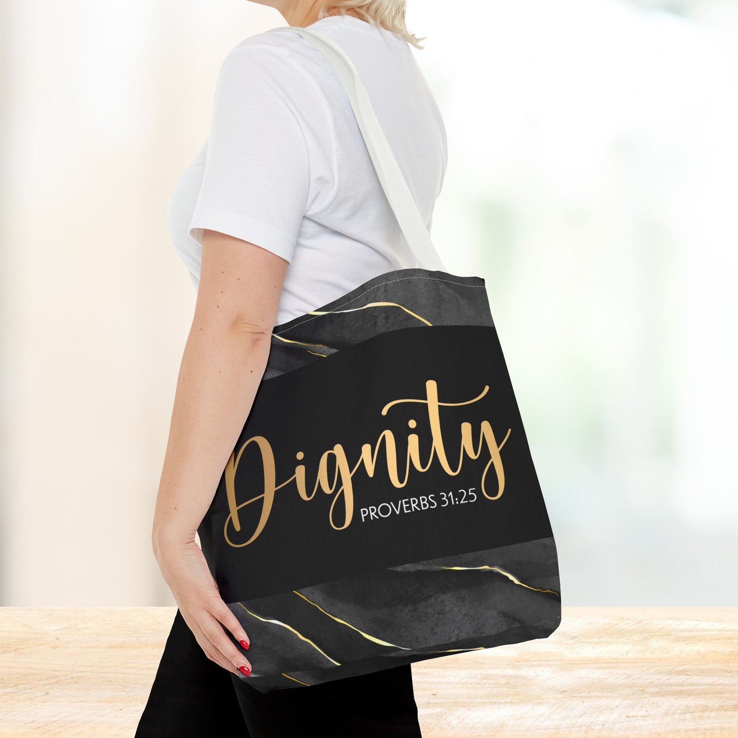 Clothed in Strength & Dignity – Proverbs 31:25 Elegant Marble Designer Travel Errand Bag - Stylish Carryall for Everyday Use