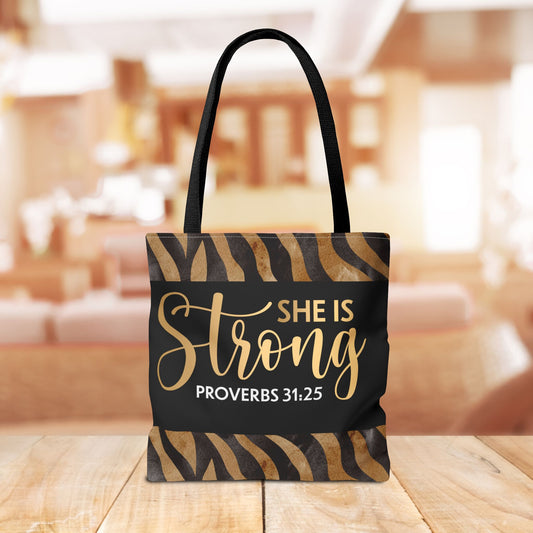 She is Strong Leopard Print Travel Bag | Inspirational Proverbs 31:25 Inspired Designer Travel Bag for Faith-Filled Living Double sided print and Everyday Encouragement