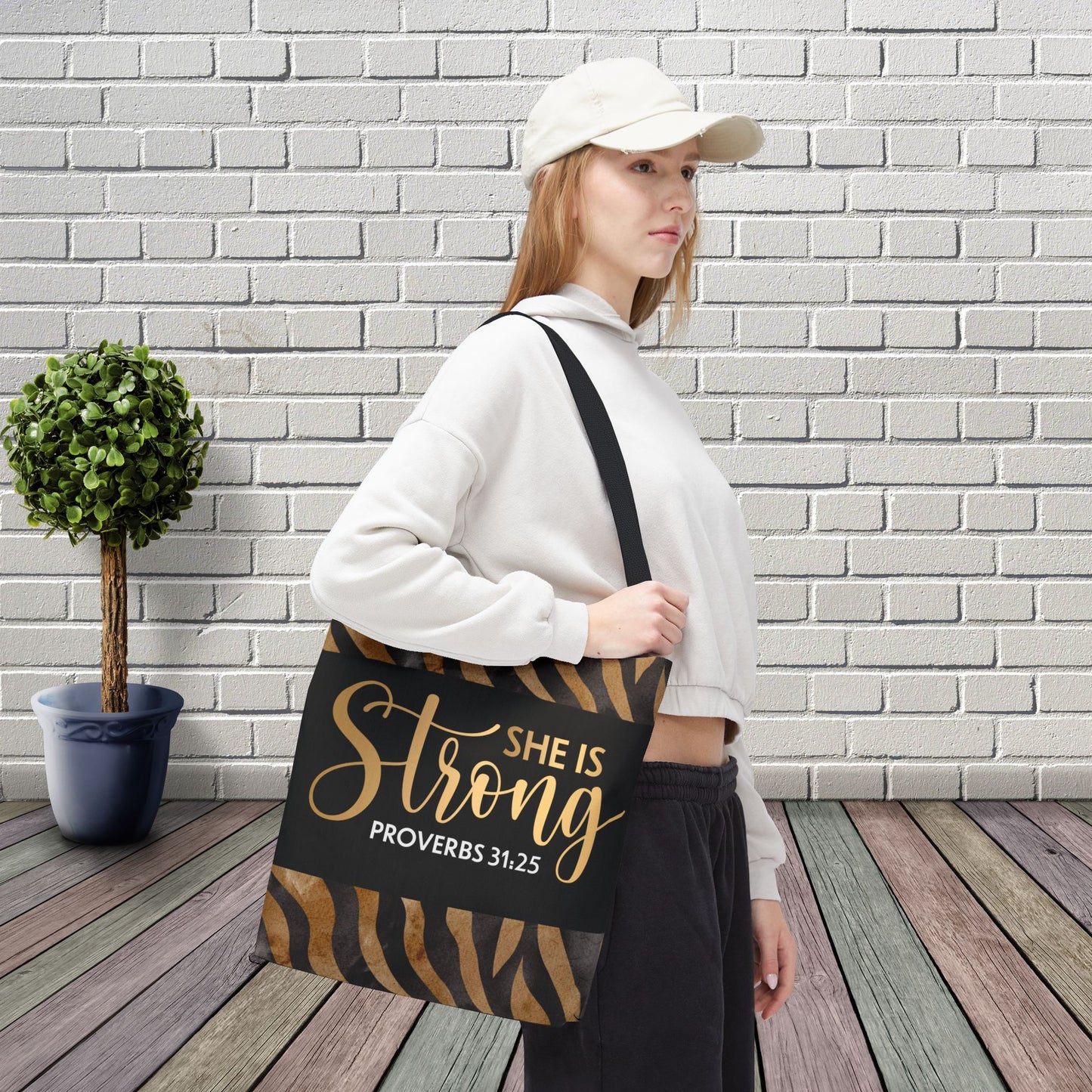 She is Strong Leopard Print Travel Bag | Inspirational Proverbs 31:25 Inspired Designer Travel Bag for Faith-Filled Living Double sided print and Everyday Encouragement