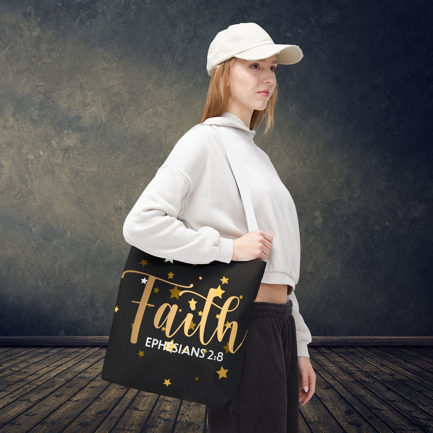 Walk by Faith, – Ephesians 2:8"  designer travel bag  Travel Bag –(Double sided print) | Inspirational Everyday Carryall