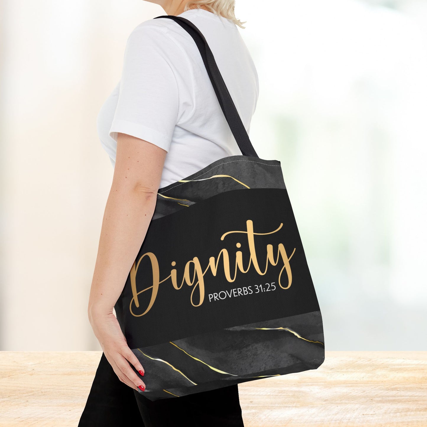 Clothed in Strength & Dignity – Proverbs 31:25 Elegant Marble Designer Travel Errand Bag - Stylish Carryall for Everyday Use
