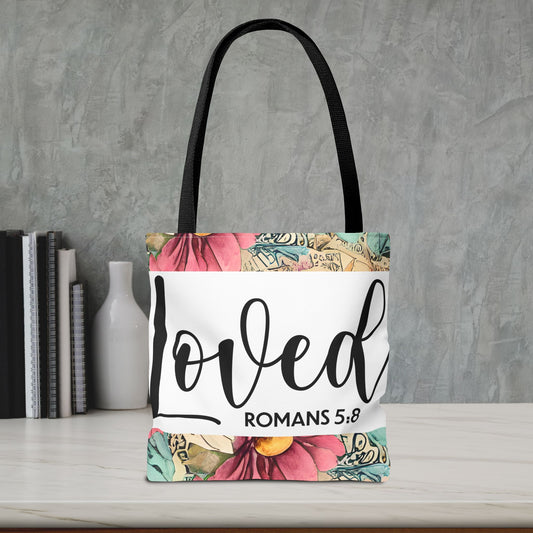 Loved romans 5:8 designer travel bag Unconditional Love" (double sided print) – Romans 5:8 Scripture-Inspired Fashion for the Faithful