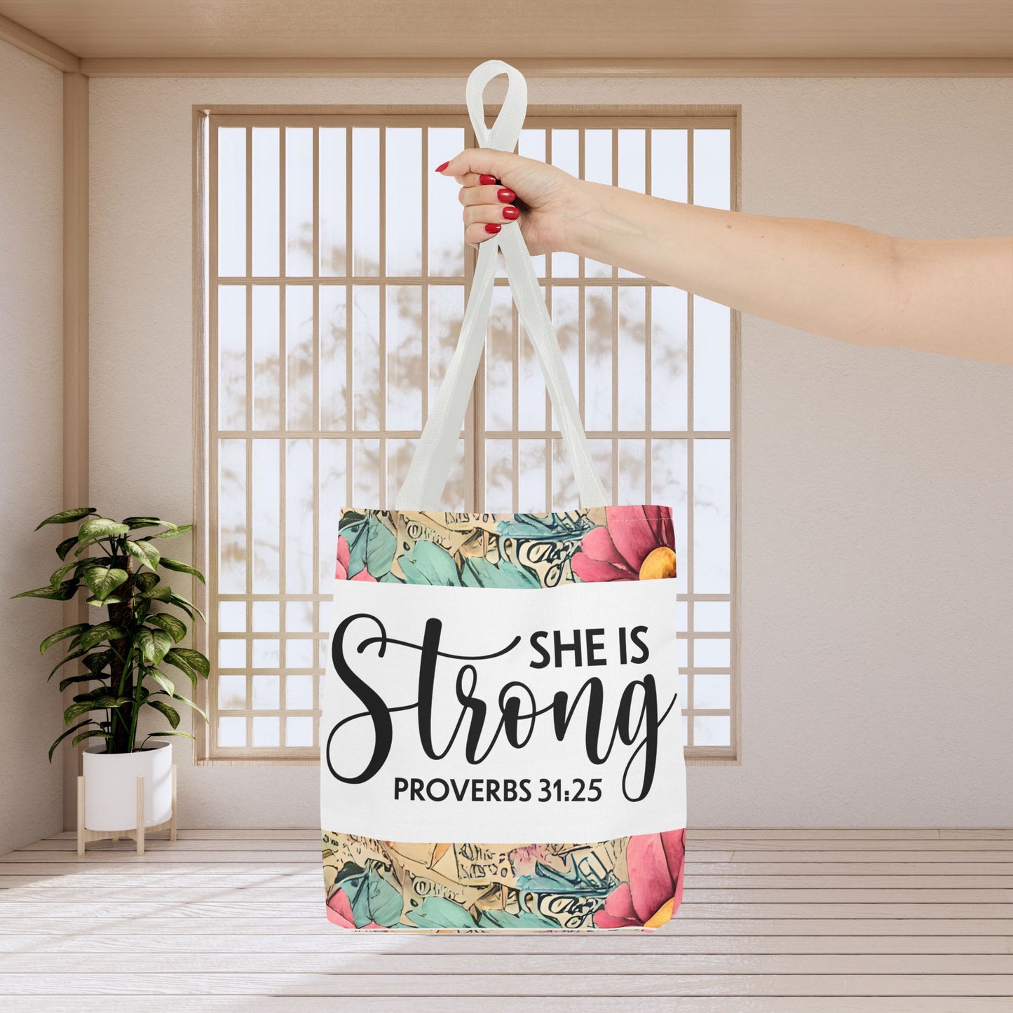 She Is Strong floral Print Travel designer bag – Proverbs 31:25 | Bold Faith, Everyday Style Double sided print