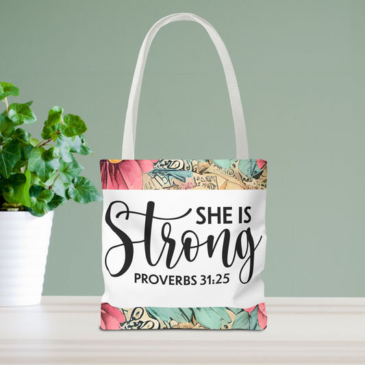 She Is Strong floral Print Travel designer bag – Proverbs 31:25 | Bold Faith, Everyday Style Double sided print