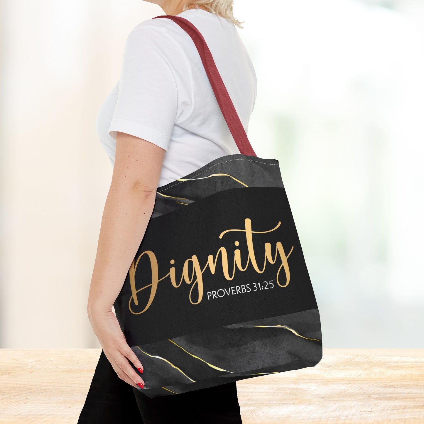 Clothed in Strength & Dignity – Proverbs 31:25 Elegant Marble Designer Travel Errand Bag - Stylish Carryall for Everyday Use